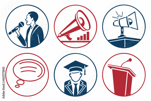 Icons for public speaking, education, and business communication