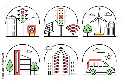 Smart city icons with traffic lights, buildings, and renewable energy sources