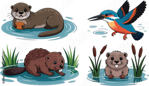 Cartoon otters, beaver, and kingfisher bird in a water and reeds environment Keywords: otter, beaver, kingfisher