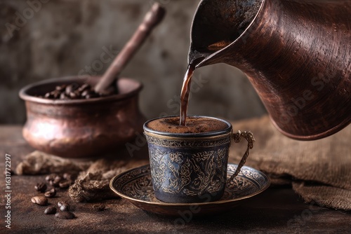 Pouring Turkish coffee into ornate cup, rustic setting, coffee beans
