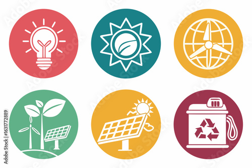 Collection of colorful circular icons for renewable energy and ecofriendly concepts