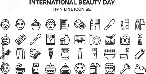 International Beauty Day Thin Line Icon Set with Skincare and Makeup Items vector illustration