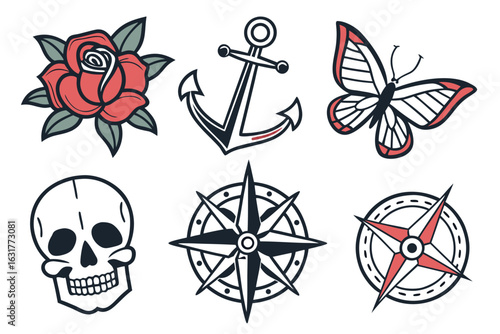 Tattoo style collection of skull, rose, anchor, butterfly and compass