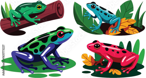 Collection of Four Vividly Colored Poison Dart Frogs in Tropical Environments colorful amphibian