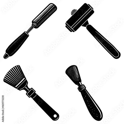 Illustration of four different craft tools including a soldering iron and two paint brushes
