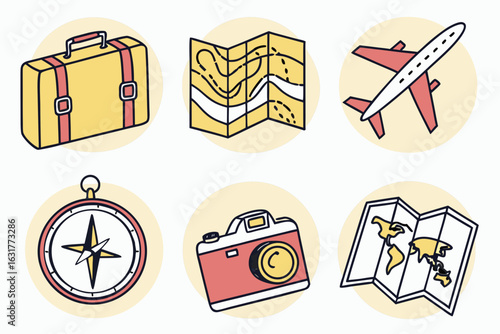 Travel icons suitcase, map, airplane, compass, camera