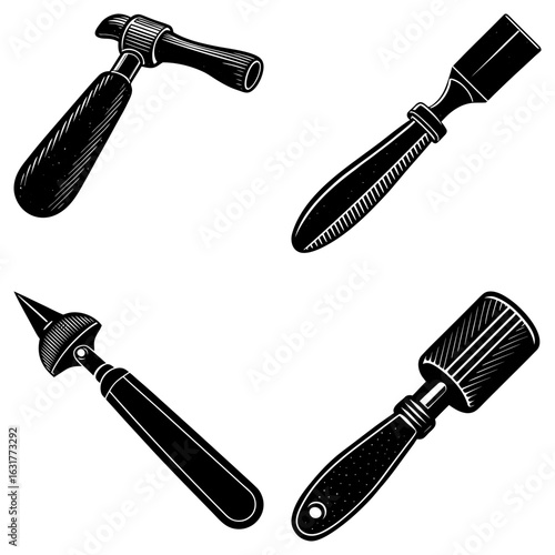 Illustration showing a variety of hand tools including a hammer chisel awl and roller in black and white style