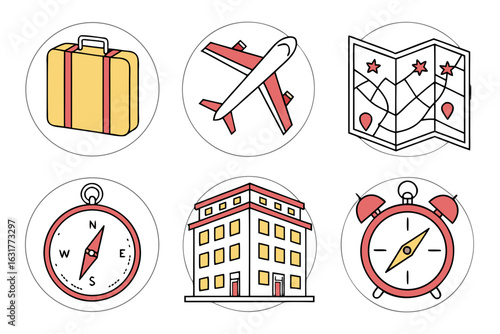 Travel icons suitcase, map, airplane, compass, building, clock