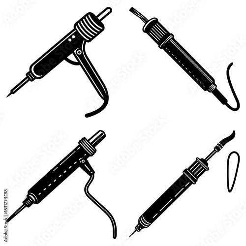 Illustration featuring four soldering irons in various orientations and designs on a white background