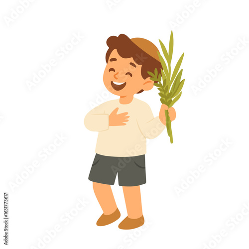 Smiling Jewish Boy Holding Sukkot Four Species.  Vector Illustration. Sukkot and Simchat torah celebration