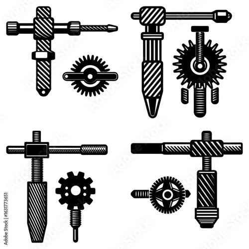 Illustration showing four different mechanical devices with gears and threaded rods designs in black and white