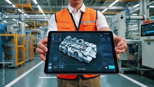 Engineer Analyzing Engine Blueprint on Tablet in Factory