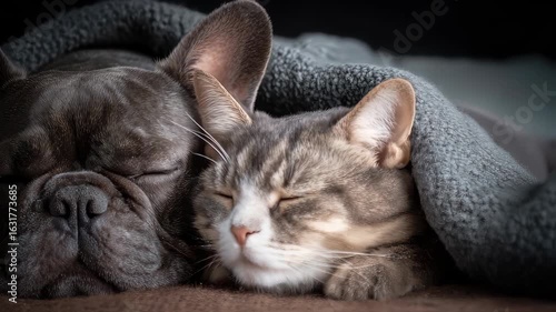 A sleeping cat and dog snuggle close, sharing a blanket, eyes closed, in a cozy scene