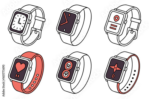 Six modern smartwatches with various digital displays and bands