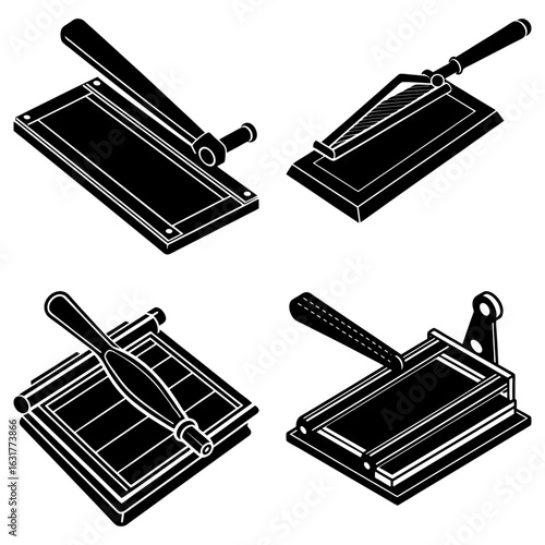 Four isometric views of black and white paper cutters with handles and platforms on a white background