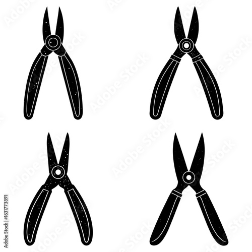 Illustration of four black pliers arranged in a square formation on a white background design element