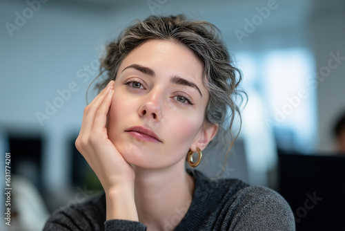 A young white woman gazed thoughtfully at the audience