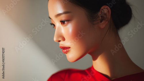 A young Asian woman gazes intently ahead, embodying beauty and medical aesthetics.
