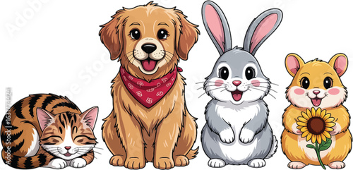 Cute Cartoon Pets Dog Cat Rabbit Hamster Holding Sunflower Isolated vector illustration