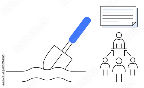 Shovel digging into ground, document with text lines, hierarchical team chart. Ideal for teamwork, strategy, planning, groundwork, organization, management leadership depicted in simple flat