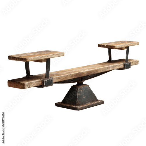 Old wooden and metal seesaw balance scale for childrens play isolated on transparent background