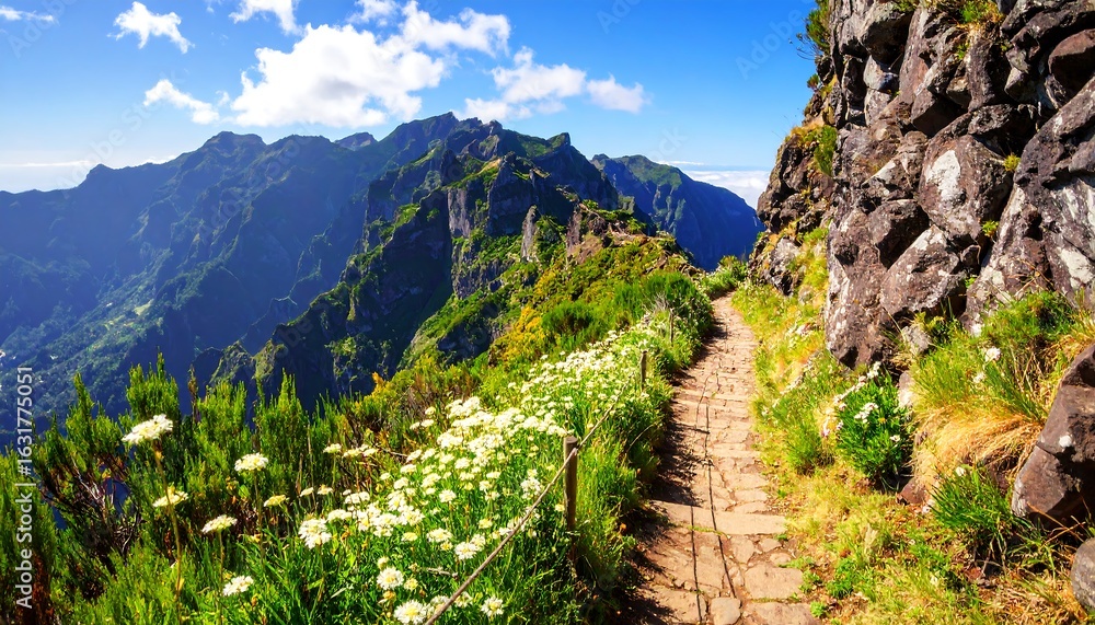 Fototapeta premium Mountain path, wildflowers, scenic view