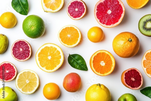Wallpaper Mural Fresh Citrus Fruits Pattern Overhead View Vibrant Colors on White Background Displaying Natural Goodness Torontodigital.ca