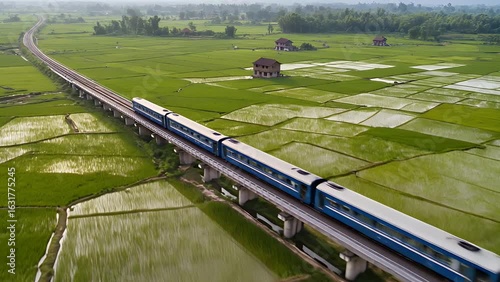 Wallpaper Mural Local train moving through Asian rice fields during harvest Torontodigital.ca