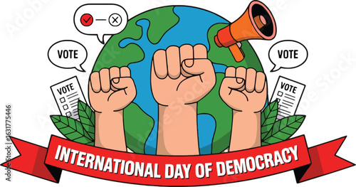 International Day of Democracy with Fists Raised Voting Papers and Megaphone vote election