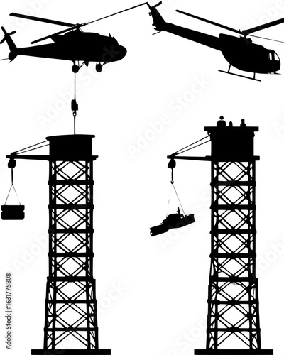 "A mechanical engineering-style drawing in black and white line art illustrating the use of aerial lifting for tower construction. A helicopter is shown in multiple positions across the image, lifting