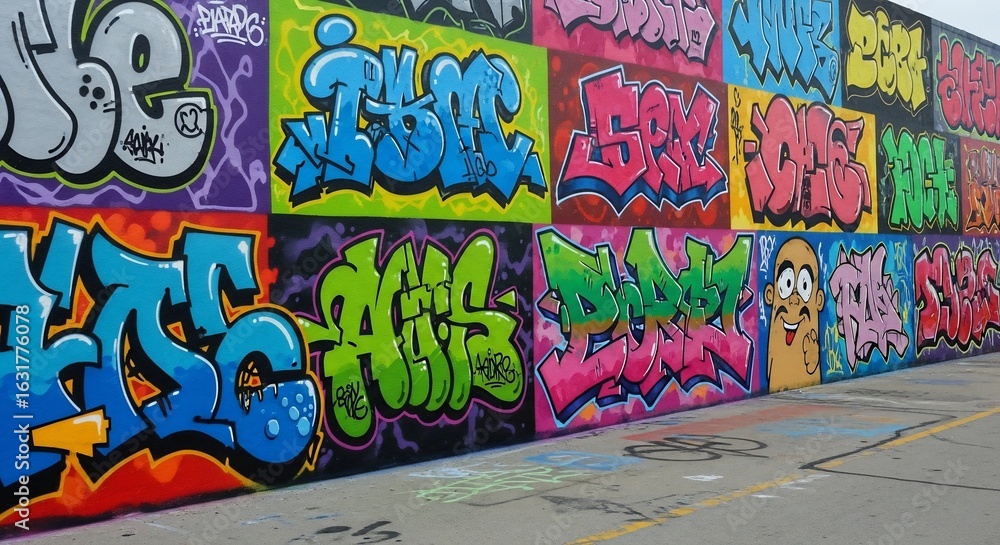 Obraz premium Colorful Graffiti Art Mural on a Concrete Wall with Diverse Styles