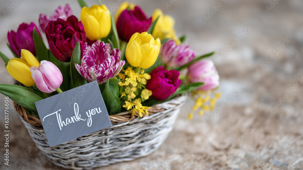 Obraz premium Tulip bouquet featuring red, pink, yellow flowers arranged in a woven basket, with neatly written thank you message on gray card, all placed on smooth beige surface that enhances s