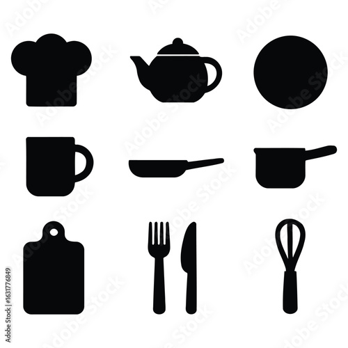 Minimalist Kitchen Utensil Icons – Vector Silhouettes of Cooking Tools, Cutlery, and Kitchenware for Culinary, Food Prep & Home Design Projects