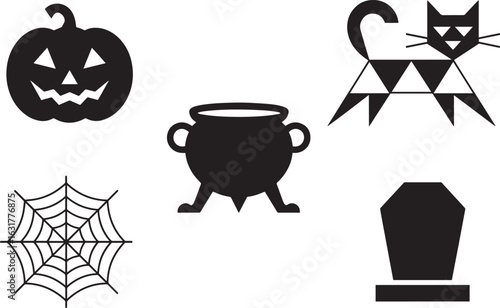 Halloween icons black and white pumpkin cat cauldron spiderweb tombstone jackolantern