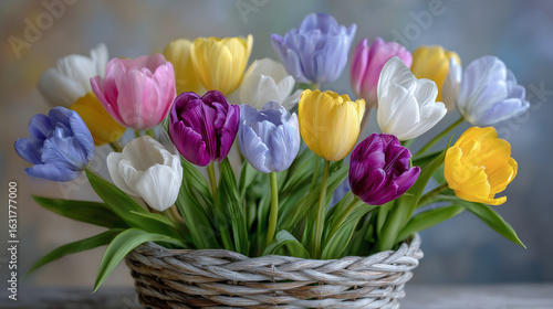 Side view of fresh tulip bouquet in woven basket, vivid petals complemented by elegant gray thank you card, simple beige backdrop highlighting texture of basket weave and softness