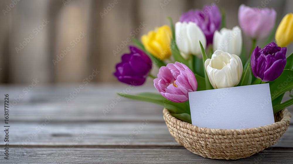 Obraz premium Tulips in bright, fresh bouquet sit in handwoven basket, thank you note on textured gray cardstock resting gently among blooms, simple beige backdrop accentuating color contrast an