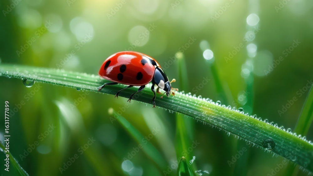 Fototapeta premium Ladybug on dewy grass