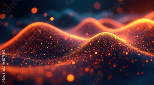 Abstract fiery orange waves of light particles with dark background