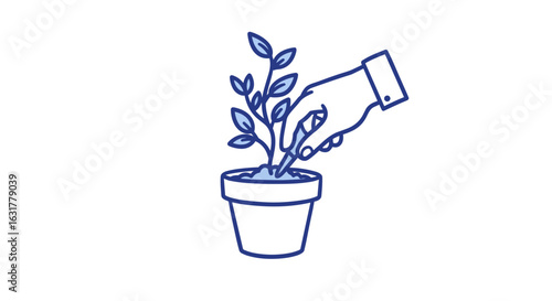 hand repotting a plant. Hand planting a small green plant in a pot  