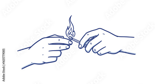 Two hands striking a match to create a flame in simple outline. hand striking a match