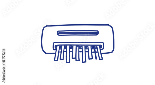paper shredder slot. Shredded paper from a blue paper shredder on white background  