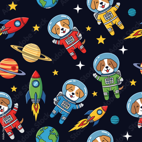 A playful and cute seamless pattern features cartoon dog astronauts floating in outer space among planets, stars, and rocket ships.