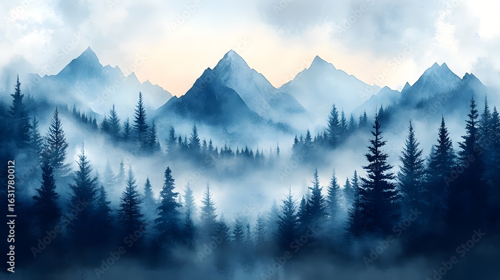 Obraz premium Majestic mountain landscape featuring misty forest during early morning light