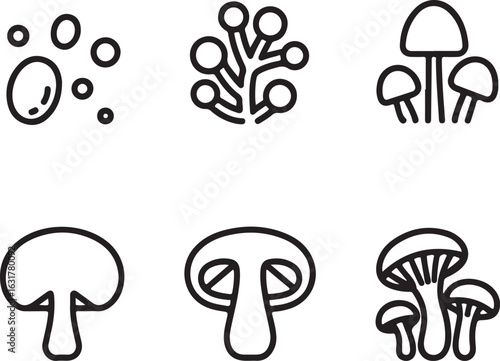 Mushroom Lifecycle Outline Icons – Spore, Mycelium, Primordium, Fruiting Body, and Gills