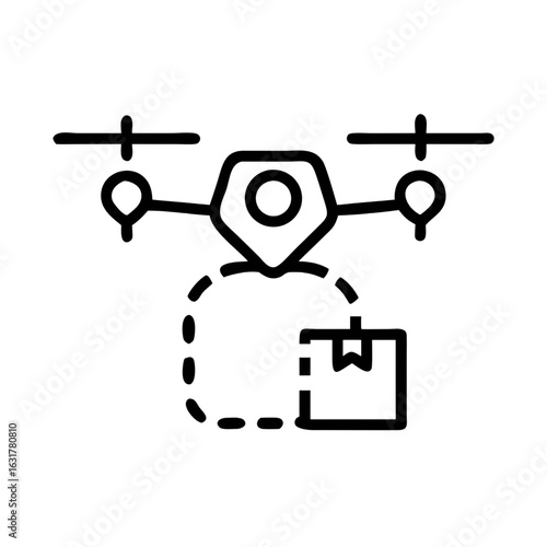 Drone parcel delivery icon, modern linear vector illustration showcasing unmanned aerial logistics, futuristic shipping technology with box tracking route, contactless e-commerce distribution