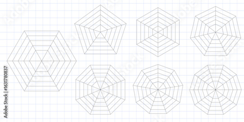 Vector spider chart template with flat mesh grid. Blank Kiviat diagram for analytics and statistics. Pentagon hexagon and heptagon radar graphs. Editable infographic isolated on white
