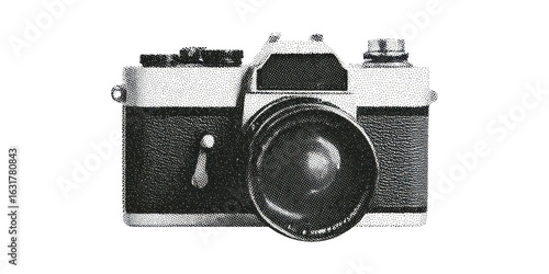 Vintage Film Camera In Halftone. Analog Equipment Illustration Isolated On Transparent Background