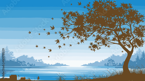 Zen-style tree silhouette with falling leaves and blue sky – Ideal for mindfulness branding, seasonal artwork, or peaceful lifestyle content.