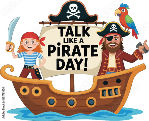 Pirates on a ship for Talk Like A Pirate Day celebration cartoon sailing