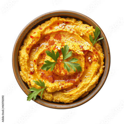 Overhead Close Up of Fresh Orange Hummus Topped with Herbs and Seeds in a Brown Bowl